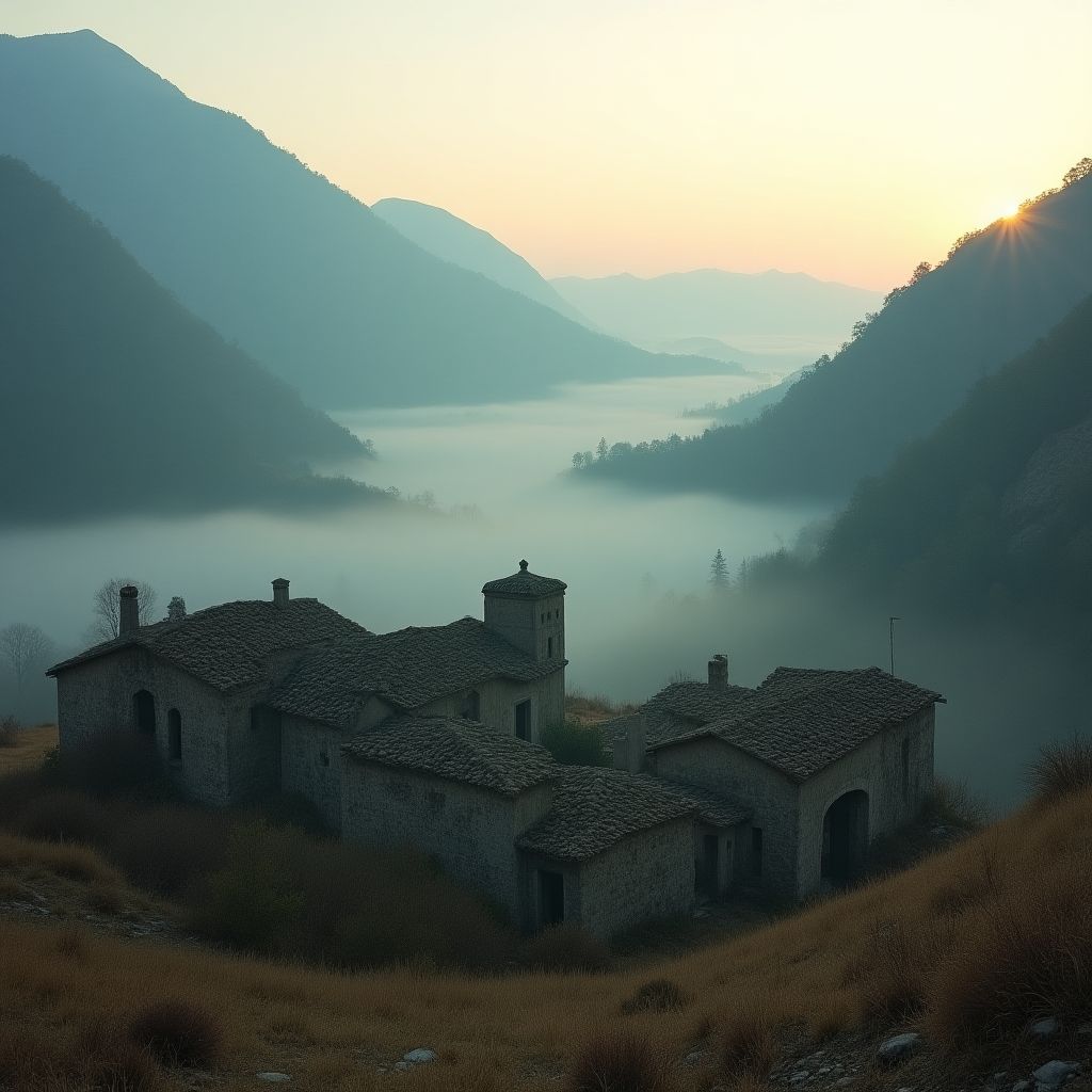 Amanecer en un pueblo abandonado recuperado